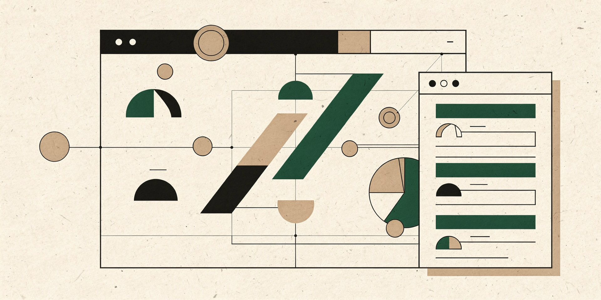 Abstract geometric illustration of modular commerce software panels in ink, forest green and sand on paper