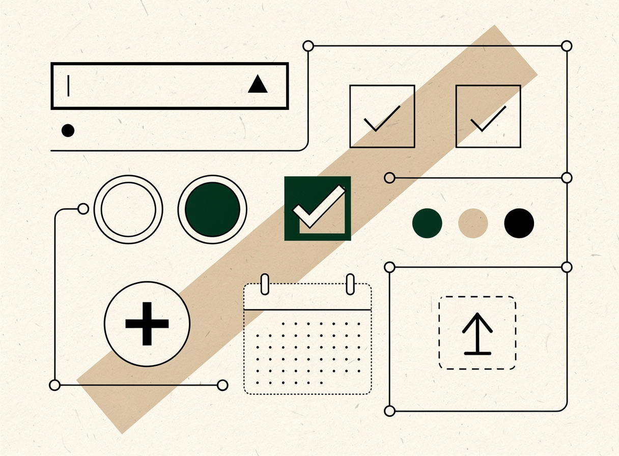 Geometric illustration of product option fields — swatches, text inputs and toggles